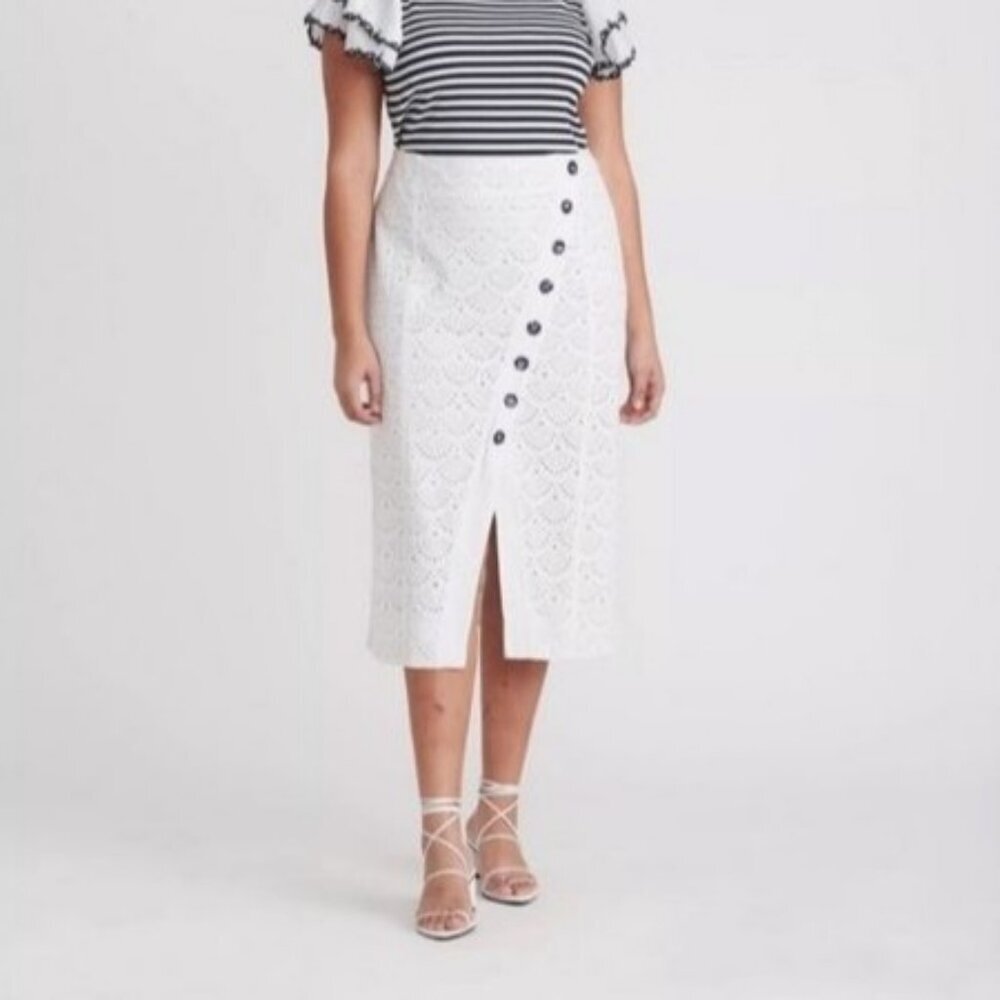 ❤️Tanya Taylor 10 Skirt Asymmetric White Eyelet Midi Linen Embroidered Resort
